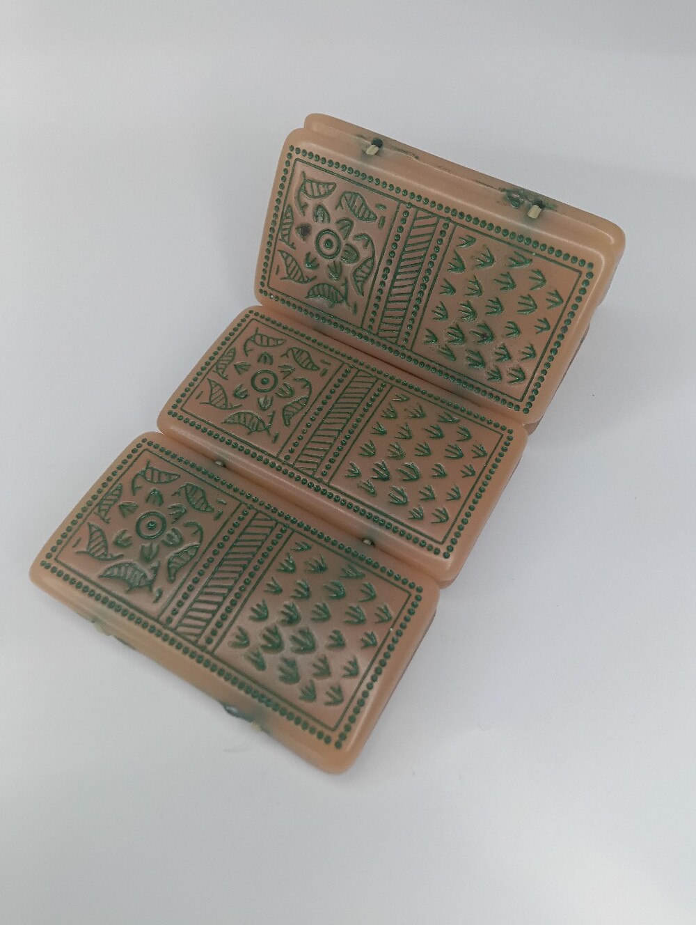 Vintage 1940s MCM Plastic Tile Bracelet Carved Floral Butterscotch Green Mahjong